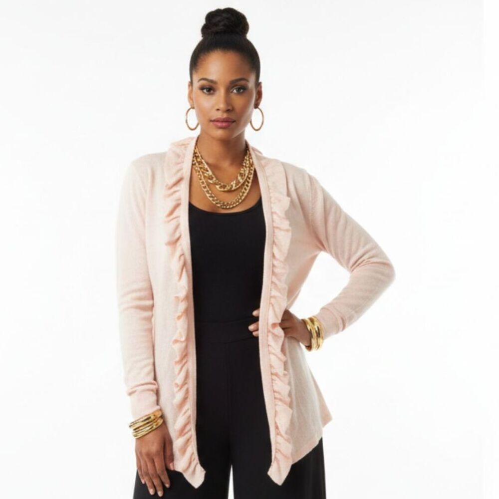Chico’s Pink Akoya Pearl Ritzy Ruffle Long Sleeve Cardigan Sweater NEW 3 XL
